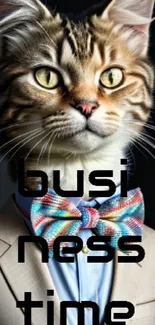 Cat wearing a suit with a bow tie, humorous mobile wallpaper.