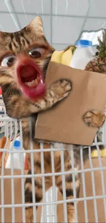 Hilarious cat in a cart with groceries in a whimsical setting.