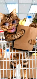 Cat with human face shopping with grocery cart.