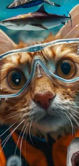 Funny cat in goggles swimming with sharks underwater.