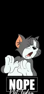 Cartoon cat with 'Nope' text on black background.