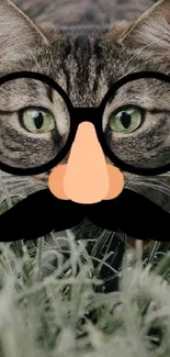 Whimsical cat with glasses and a funny disguise on a natural background.