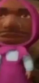 Cartoon character with humorous face in pink outfit, word 'ok' beside it.