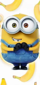 Cartoon character surrounded by bananas in playful wallpaper design.