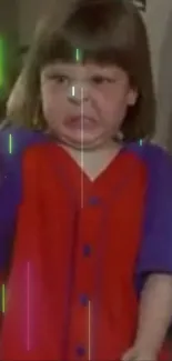 Child making a funny face in colorful attire with glitch effect.