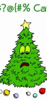 Cartoon Christmas tree with funny expression and colorful ornaments.