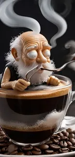 Cartoon old man in steaming coffee cup.