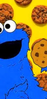 Blue cartoon character with a cookie on a yellow background featuring cookies.