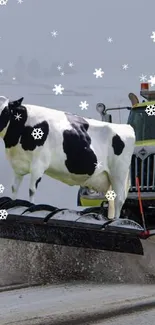 Humorous wallpaper of a cow on a snowplow in winter.