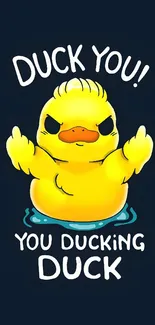 A sassy yellow duck cartoon with attitude on a dark mobile wallpaper.