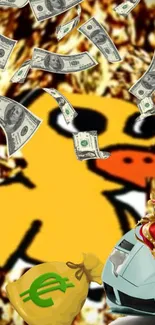 Cartoon duck with flying money wallpaper humor.