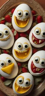 Whimsical eggs with faces in a platter, surrounded by strawberries.