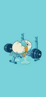 Funny cartoon egg lifting weights on a cyan background.