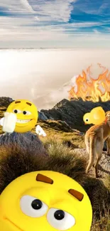 Emoji and dog in a vibrant, scenic landscape with a humorous touch.