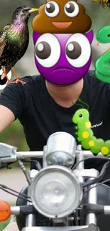 Biker with emoji face and cartoon animals on a motorcycle.