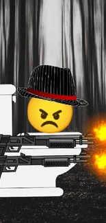 Funny wallpaper of an emoji with a hat, sitting on a toilet, firing guns.