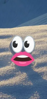 Cartoon face with big eyes in a snowy landscape wallpaper.