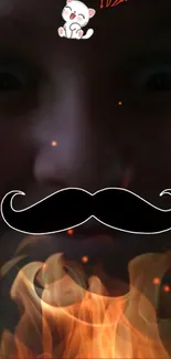 Funny face with mustache and flames wallpaper.