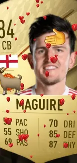 Funny football card with emoji and goat on gold background.