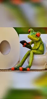 Quirky image of a frog on a toilet with a phone and paper roll.