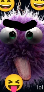 Funny furry character with emojis on purple background.