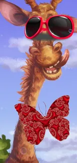 Cartoon giraffe with sunglasses and red butterfly in a playful scene.