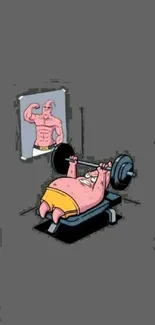 Cartoon character lifting weights in gym, mobile wallpaper.