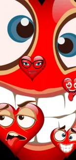 Vibrant cartoon heart faces on red wallpaper background.