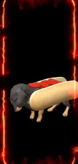 Dog dressed as a hot dog with fiery frame on phone wallpaper.