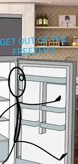 Stickman cartoon opening fridge in a modern kitchen scene.