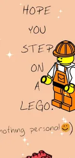 Funny LEGO character with humorous quote on peach background.