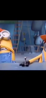 Minions in a workshop setting, animated fun.