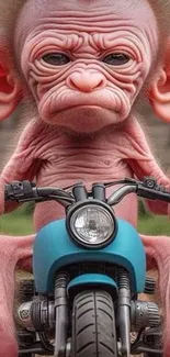 Funny pink monkey rides mini motorcycle.