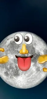 Funny moon emoji with cartoon arms and tongue on dark background.