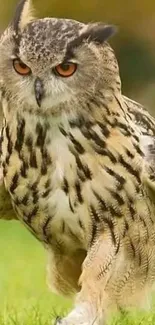 Funny owl walking, searching for coffee in a grassy field.