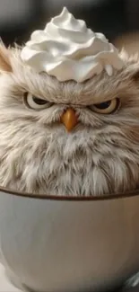 A funny owl with cream in a coffee cup.