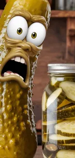 Funny animated pickle next to a jar.
