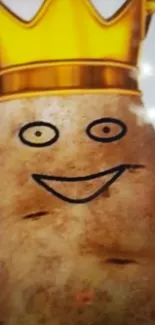 Humorous cartoon potato with a golden crown on a mobile screen.