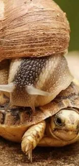 Turtle with a snail on its back in a comedic scene.