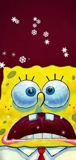 SpongeBob SquarePants on maroon backdrop with snowflakes.