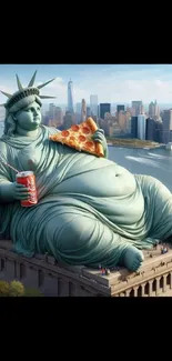 Humorous Statue of Liberty eating pizza and soda with NYC skyline background.