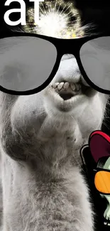 Llama wearing sunglasses with a whimsical flair on a black background.