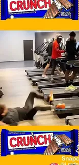 Hilarious treadmill fall captured in a bright gym setting for a funny wallpaper.