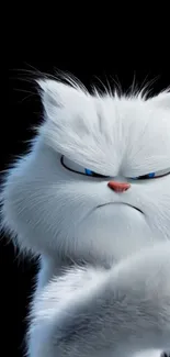 Angry white cartoon cat on black background.