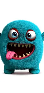 Furry blue monster with open mouth and funny expression on white background.