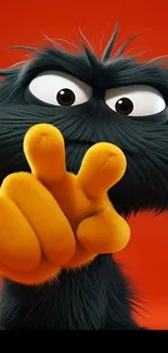 Playful furry cartoon character on vibrant orange background.