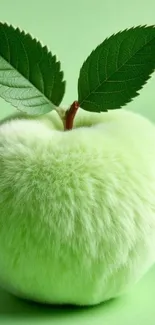 Furry green apple with leaves on light green background.