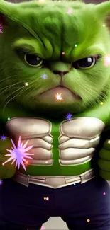 Green superhero cat with detailed costume art on phone wallpaper.