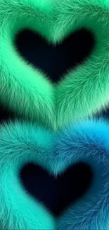 Furry turquoise and blue heart design wallpaper.