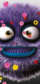 Purple furry monster with big eyes and quirky smile on wallpaper.